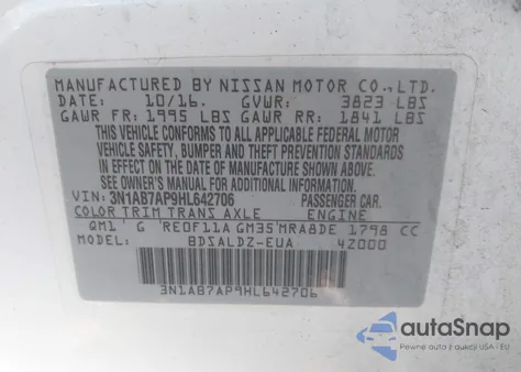 2017 Nissan Sentra Sv from USA, damaged, VIN 3N1AB7AP9HL642706